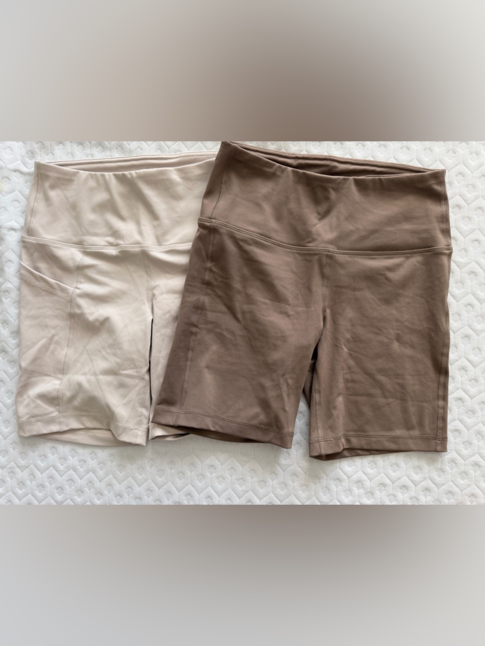 Yogalicious Lux High-Waist Biker Shorts in Taupe and Cream